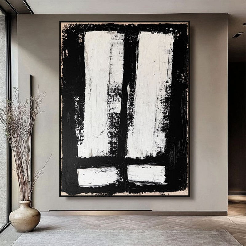 KTX-712723 Hand-Painted Black and White Abstract Oil Painting on Canvas - Unstretched Decorative Wall Art for Home Decor
