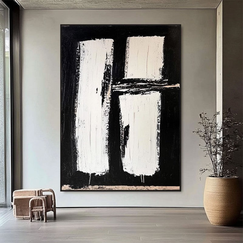 KTX-712723 Hand-Painted Black and White Abstract Oil Painting on Canvas - Unstretched Decorative Wall Art for Home Decor