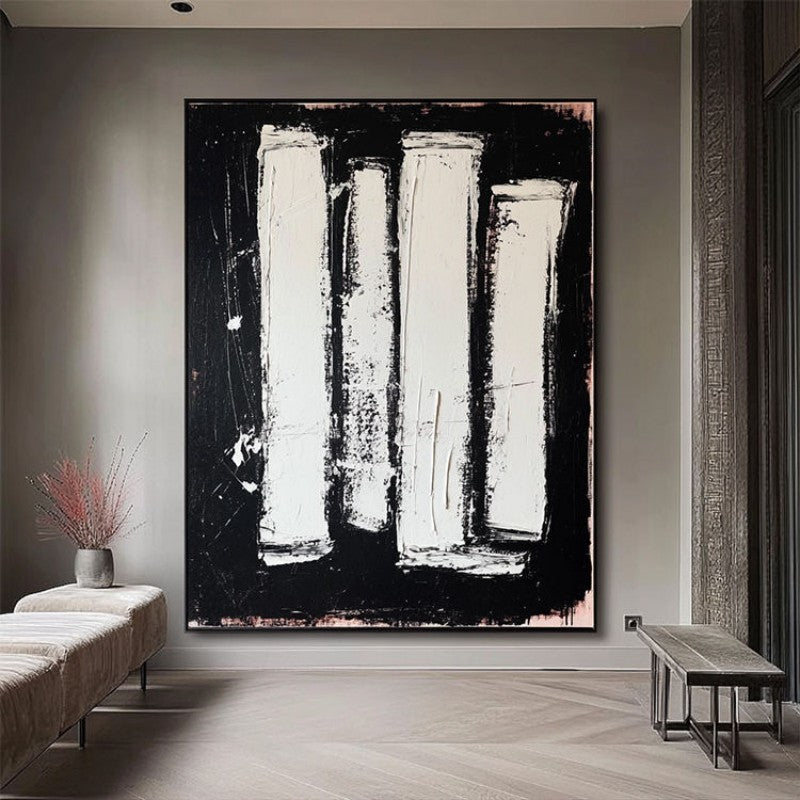 KTX-712723 Hand-Painted Black and White Abstract Oil Painting on Canvas - Unstretched Decorative Wall Art for Home Decor