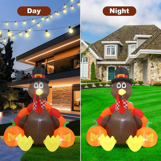 KTX-712979 Thanksgiving 6FT Inflatable Turkey Decoration with LED Lights for Yard and PatioFestivities
