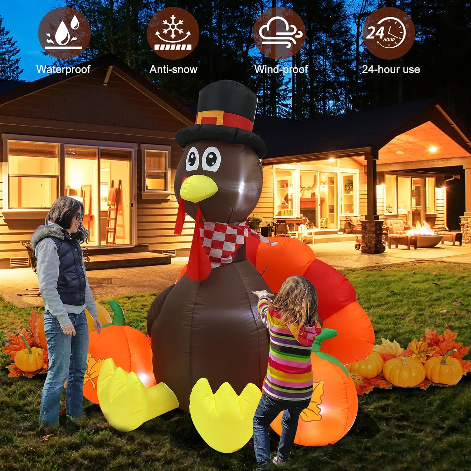 KTX-712979 Thanksgiving 6FT Inflatable Turkey Decoration with LED Lights for Yard and PatioFestivities