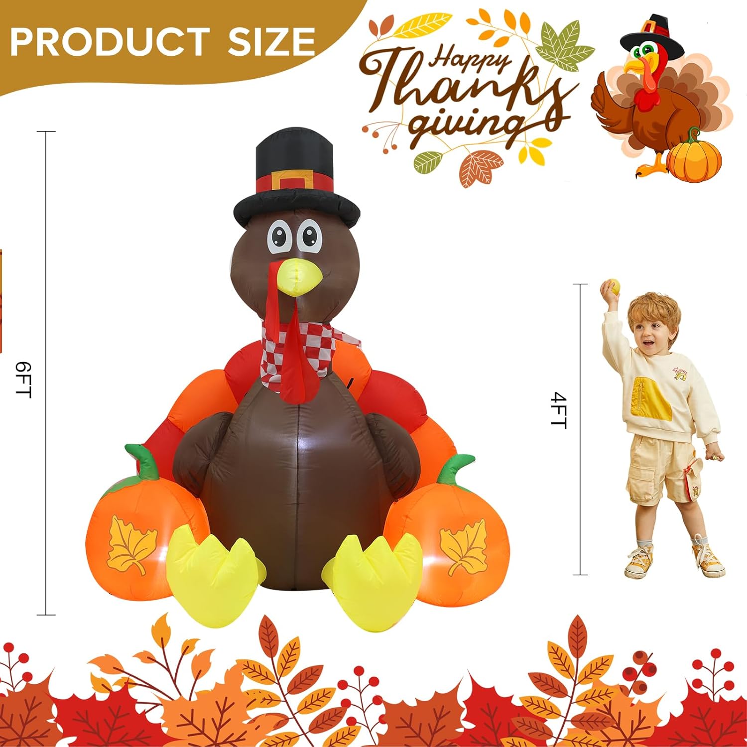 KTX-712979 Thanksgiving 6FT Inflatable Turkey Decoration with LED Lights for Yard and PatioFestivities