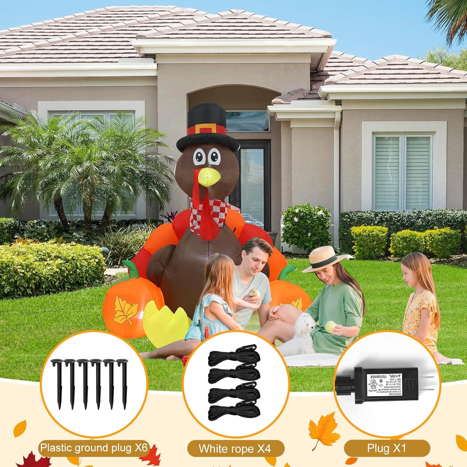 KTX-712979 Thanksgiving 6FT Inflatable Turkey Decoration with LED Lights for Yard and PatioFestivities