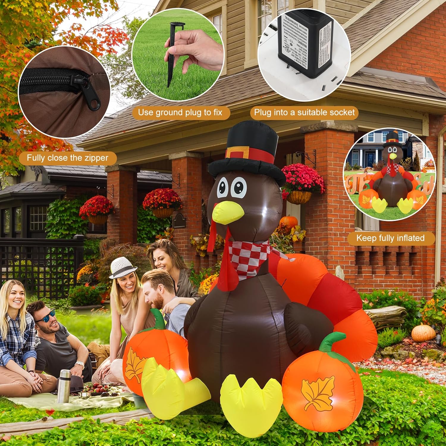 KTX-712979 Thanksgiving 6FT Inflatable Turkey Decoration with LED Lights for Yard and PatioFestivities