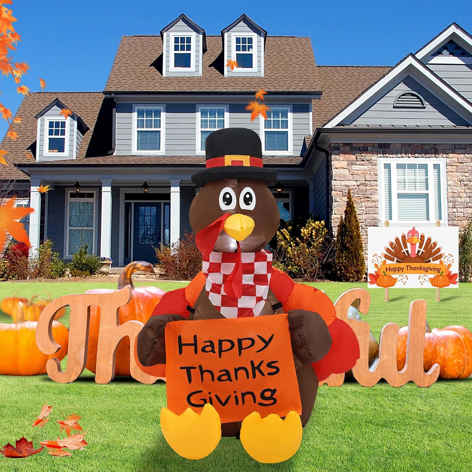 KTX-712979 Thanksgiving 6FT Inflatable Turkey Decoration with LED Lights for Yard and PatioFestivities