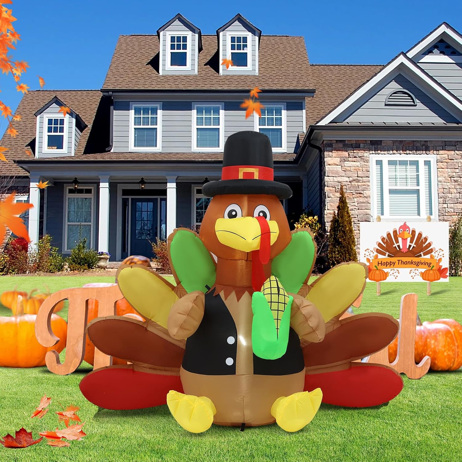 KTX-712979 Thanksgiving 6FT Inflatable Turkey Decoration with LED Lights for Yard and PatioFestivities