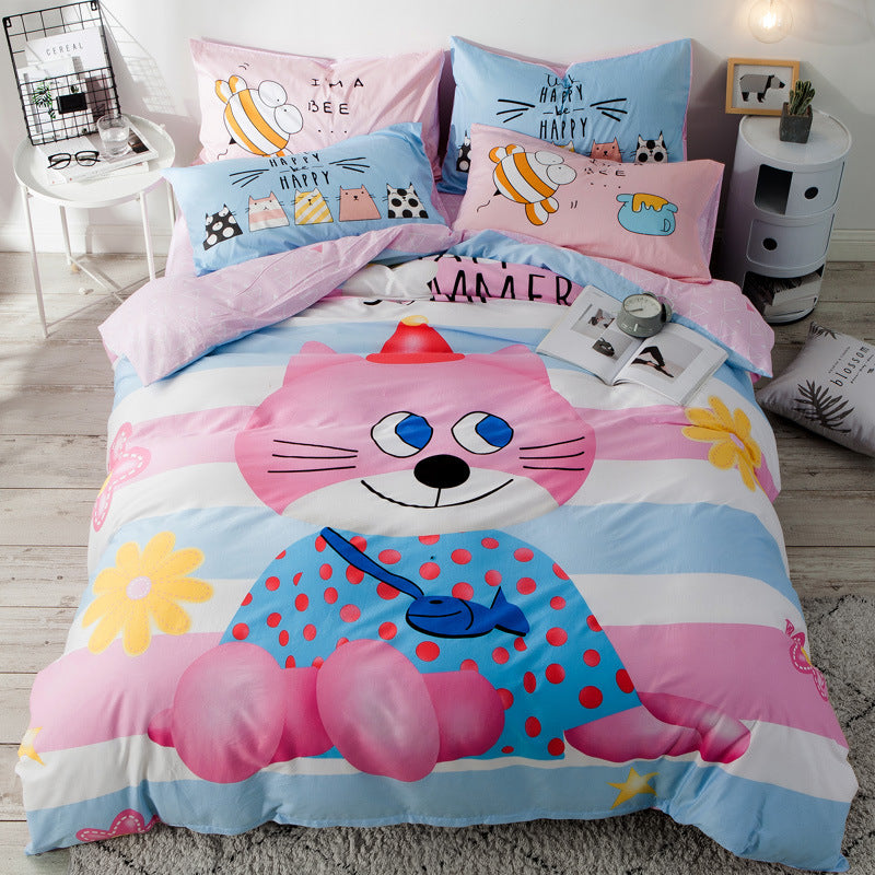 KTX-713939 Cartoon Four-Piece Cotton Duvet Cover Set for 1.8m Bed - Modern Twill Weave Design