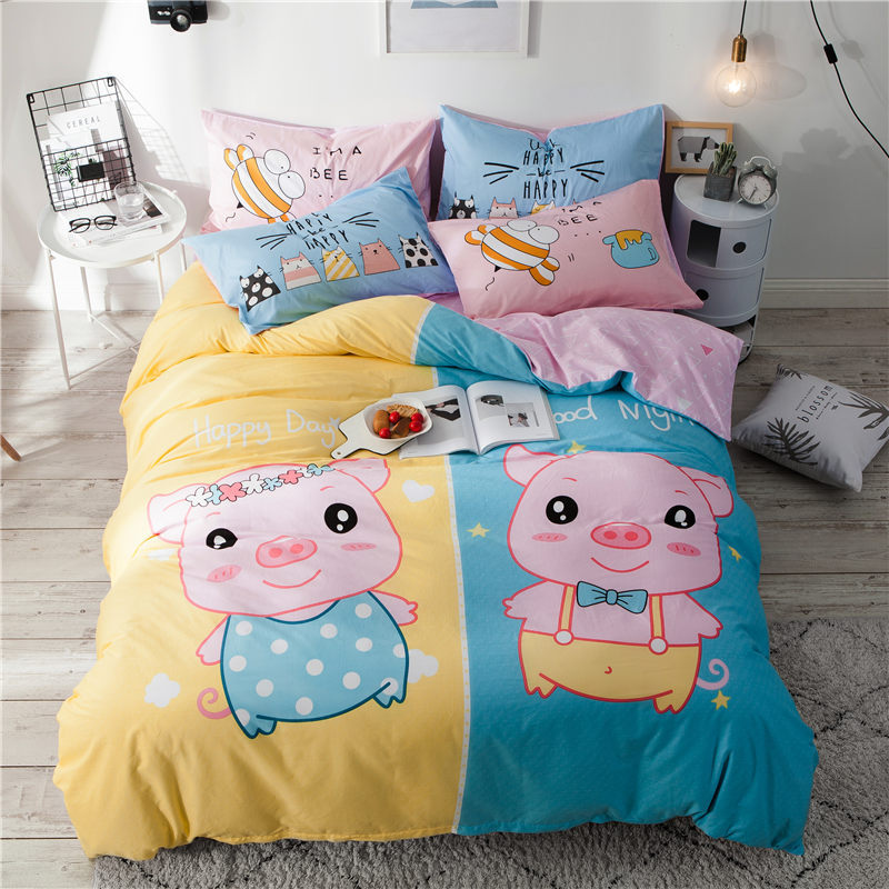 KTX-713939 Cartoon Four-Piece Cotton Duvet Cover Set for 1.8m Bed - Modern Twill Weave Design