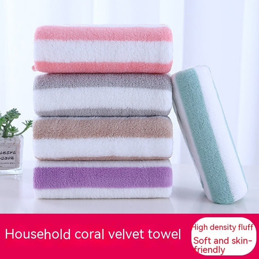 KTX-714515 Soft Coral Fleece Wide Striped Towels - Lint-Free, Absorbent Face Wash Towels in Multiple Colors