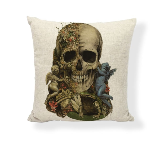 KTX-714771 Cartoon Skull Linen Pillow Cover - 45x45cm Cushion Cover