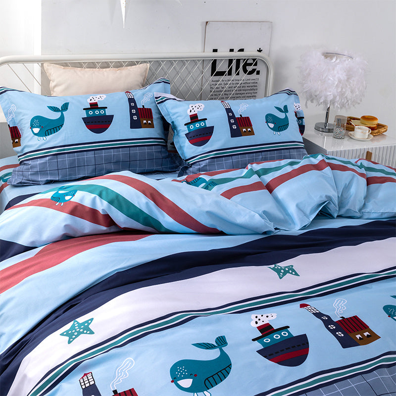 KTX-715091 Cotton Cartoon Four-Piece Bedding Set in Blue for Various Bed Sizes