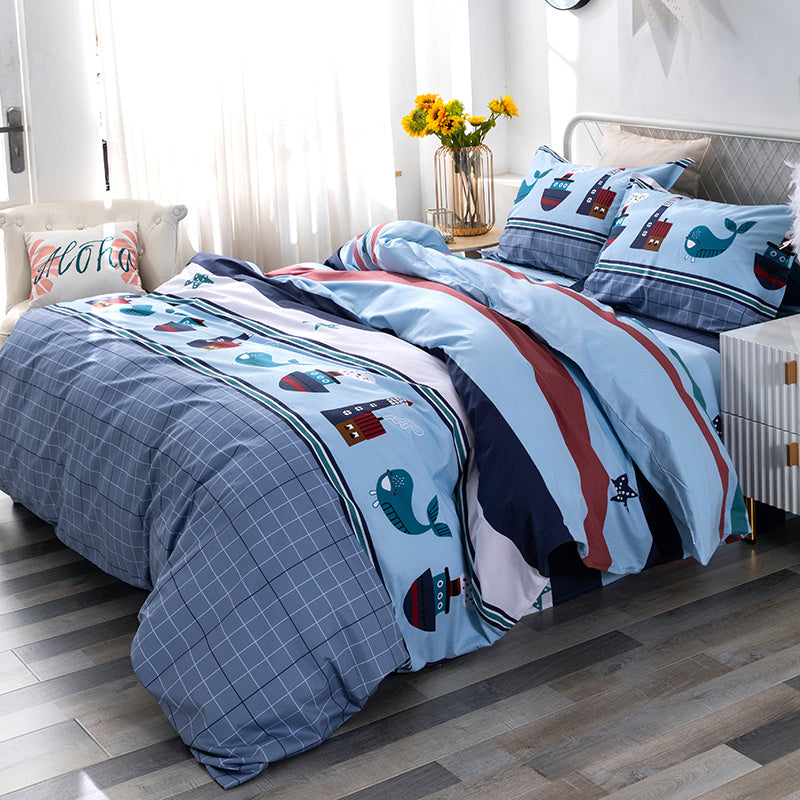 KTX-715091 Cotton Cartoon Four-Piece Bedding Set in Blue for Various Bed Sizes