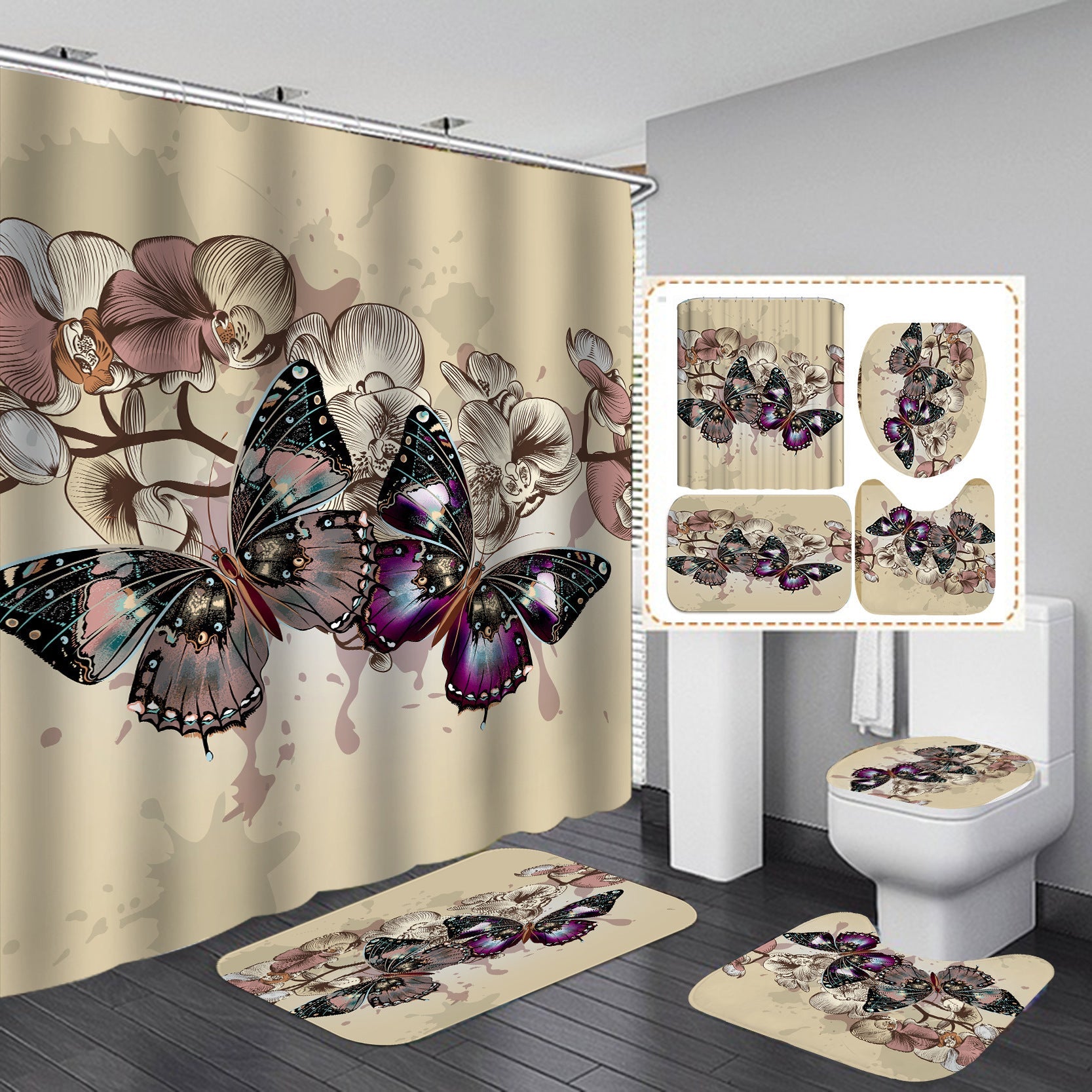 KTX-716947 Butterfly Pattern Polyester Shower Curtain - 180x200 cm