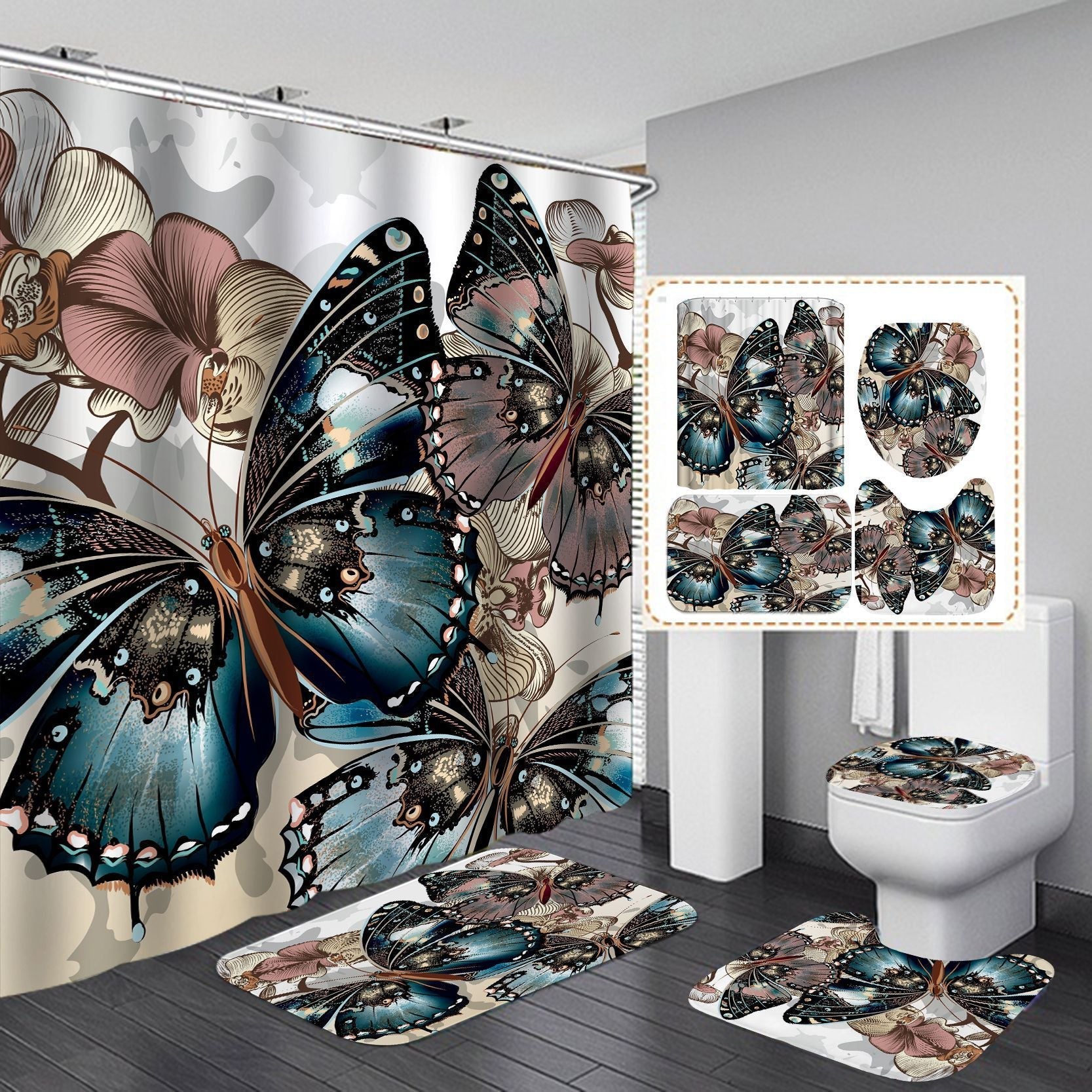 KTX-716947 Butterfly Pattern Polyester Shower Curtain - 180x200 cm