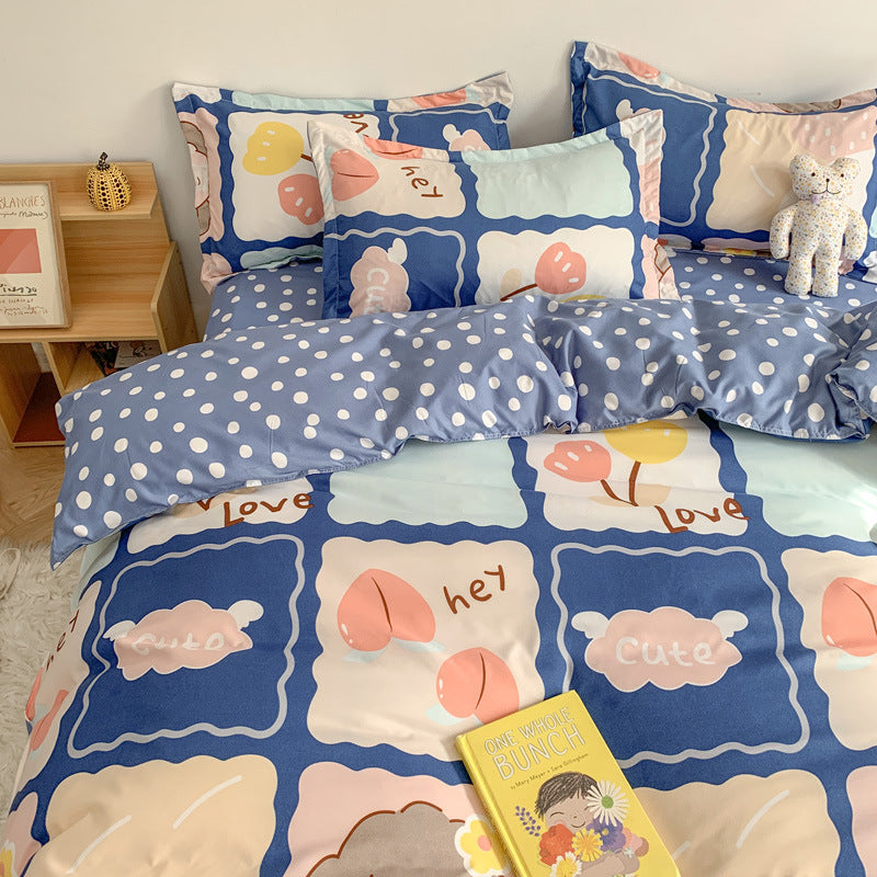 KTX-719315 Cute Cartoon 4-Piece Bed Sheet Set with Pillowcases and Quilt Cover