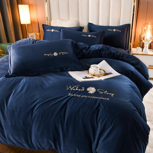 KTX-719379 Embroidered Crystal Velvet 4-Piece Bedding Set - Soft and Comfortable Design