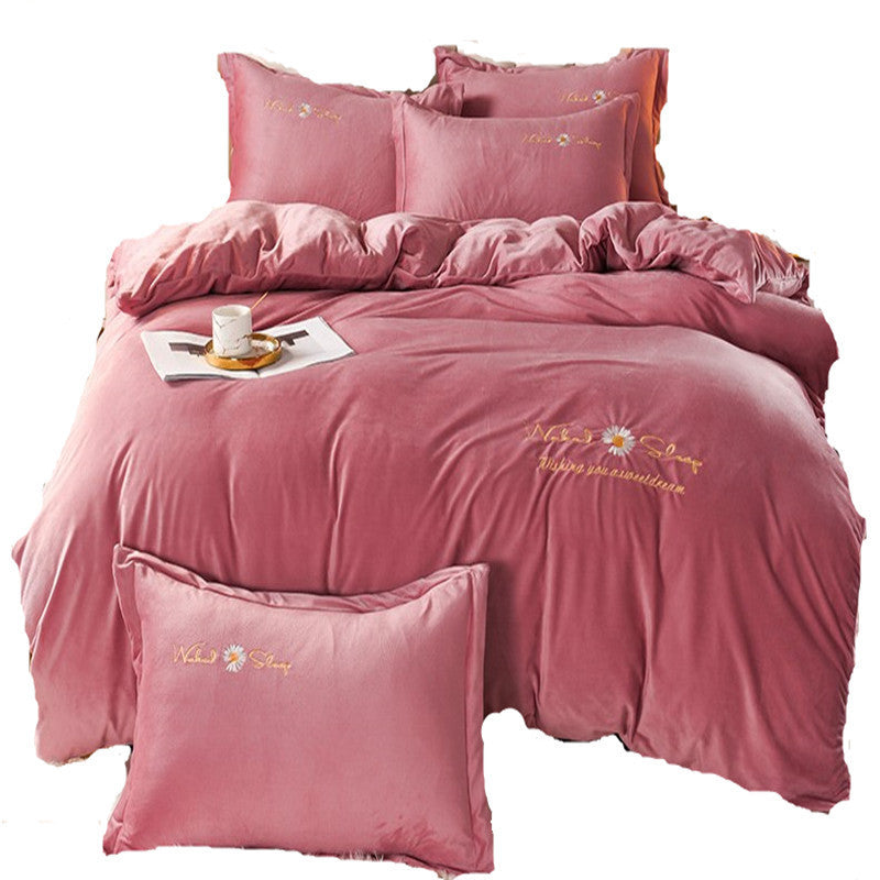 KTX-719379 Embroidered Crystal Velvet 4-Piece Bedding Set - Soft and Comfortable Design
