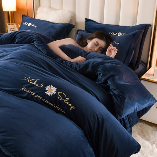 KTX-719379 Embroidered Crystal Velvet 4-Piece Bedding Set - Soft and Comfortable Design