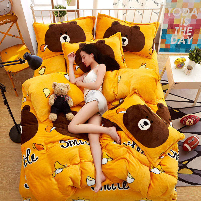 KTX-719699 Thickened Flannel 4-Piece Quilt Cover Set with Polyester Lining