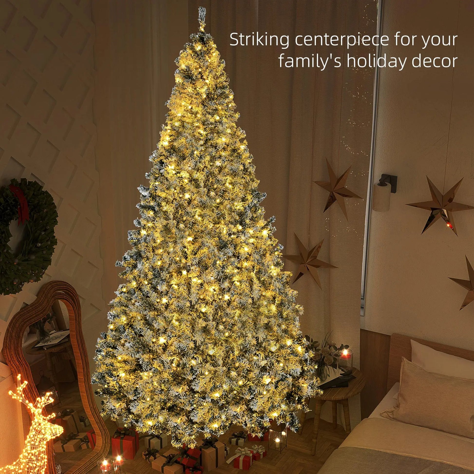 KTX-724755 9' Flocked Artificial Christmas Tree with Snowy Branches and Warm White LED Lights, Auto Open Feature