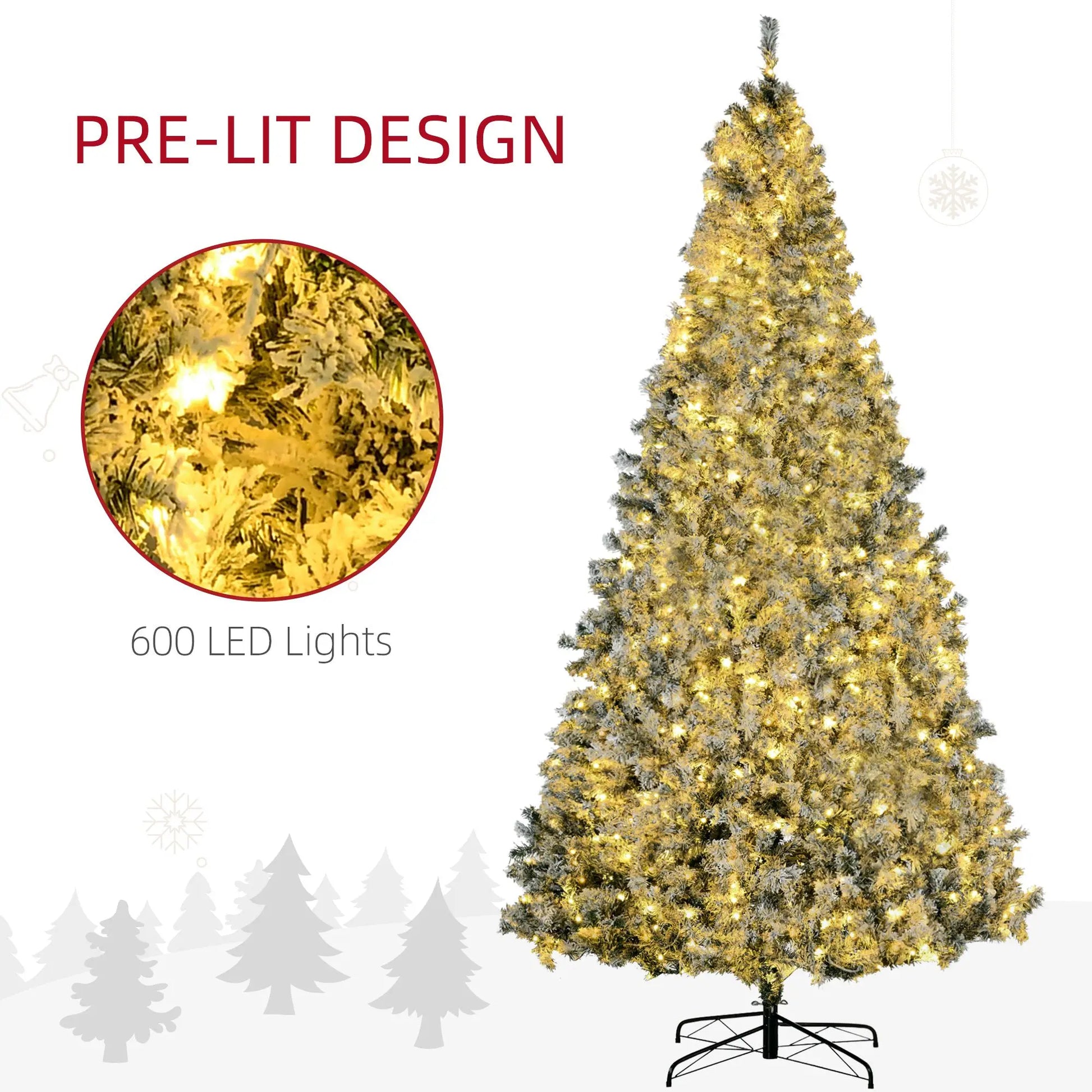 KTX-724755 9' Flocked Artificial Christmas Tree with Snowy Branches and Warm White LED Lights, Auto Open Feature