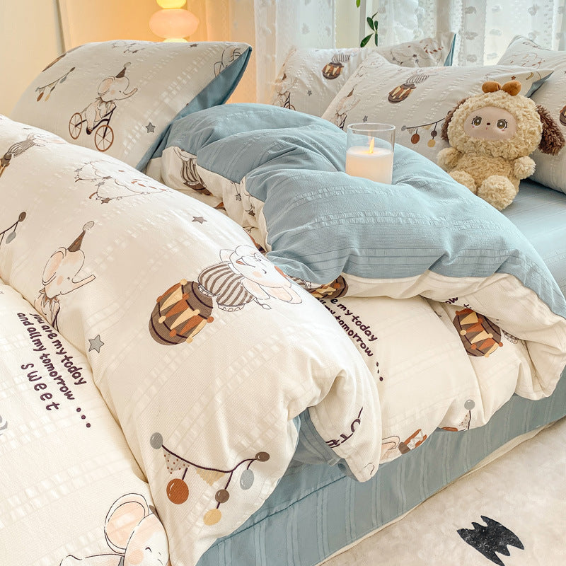 KTX-726099 Jacquard Yarn Cotton Mattress Cover Set with Cartoon and Floral Pattern, Available in Multiple Sizes