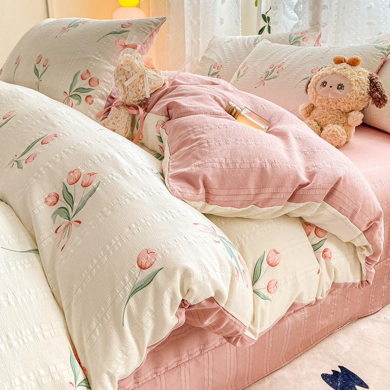 KTX-726099 Jacquard Yarn Cotton Mattress Cover Set with Cartoon and Floral Pattern, Available in Multiple Sizes