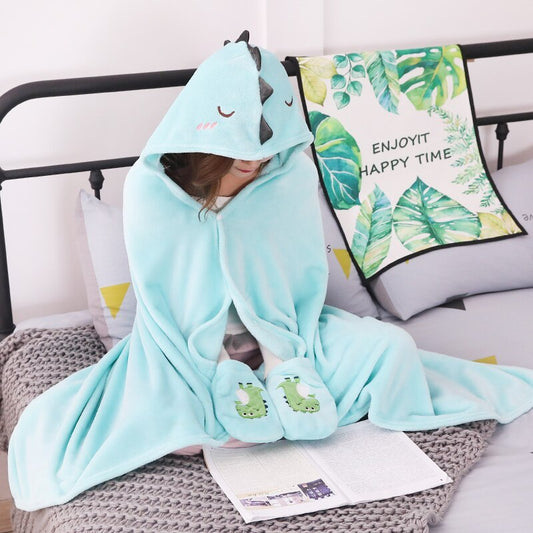 KTX-726611 Cartoon Coral Fleece Shawl Cape Blanket in Mint Green and Light Pink