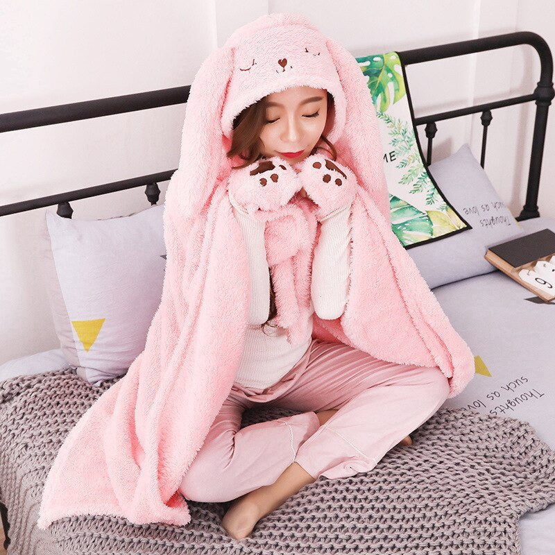 KTX-726611 Cartoon Coral Fleece Shawl Cape Blanket in Mint Green and Light Pink