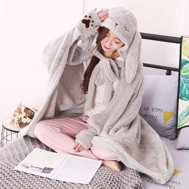 KTX-726611 Cartoon Coral Fleece Shawl Cape Blanket in Mint Green and Light Pink