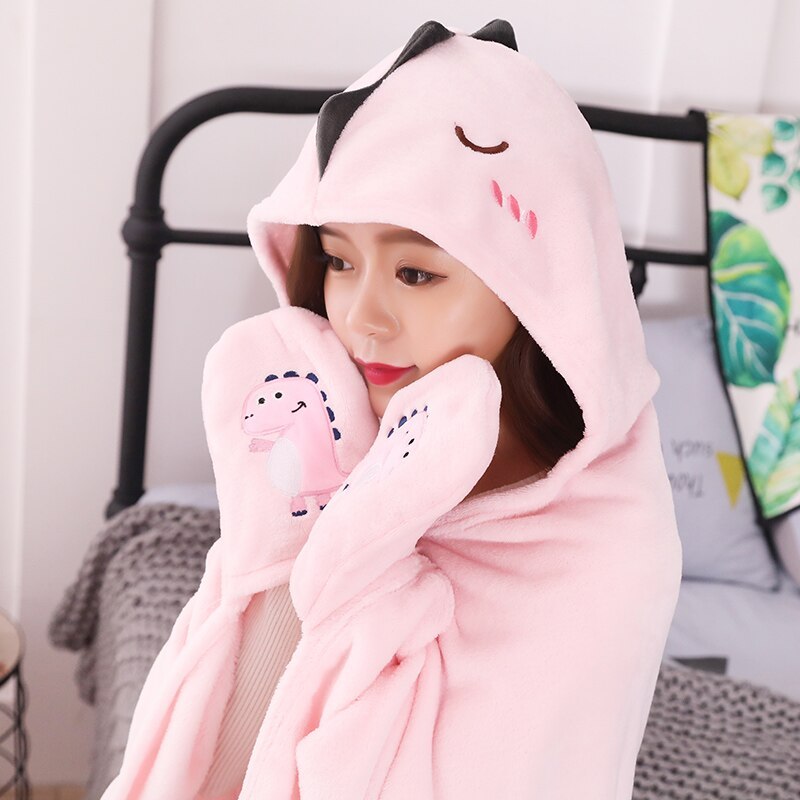 KTX-726611 Cartoon Coral Fleece Shawl Cape Blanket in Mint Green and Light Pink