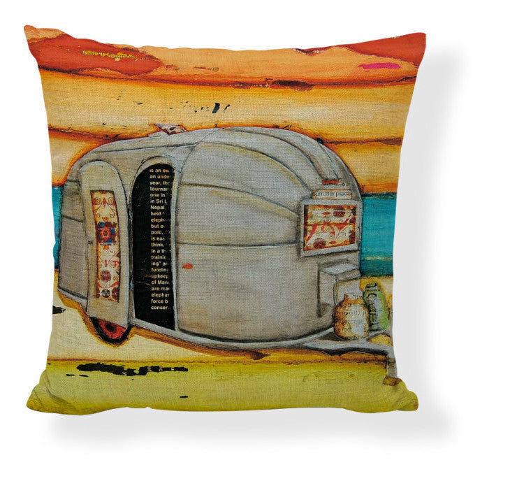 KTX-728275 Mediterranean Style Cartoon Car Oil Painting Ship Pillowcase Cover 45x45cm