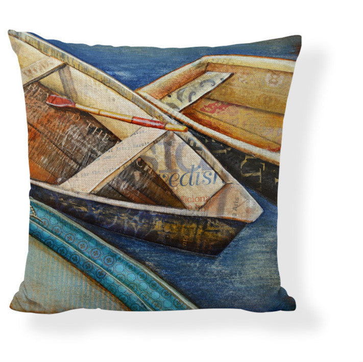 KTX-728275 Mediterranean Style Cartoon Car Oil Painting Ship Pillowcase Cover 45x45cm