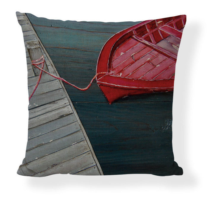 KTX-728275 Mediterranean Style Cartoon Car Oil Painting Ship Pillowcase Cover 45x45cm