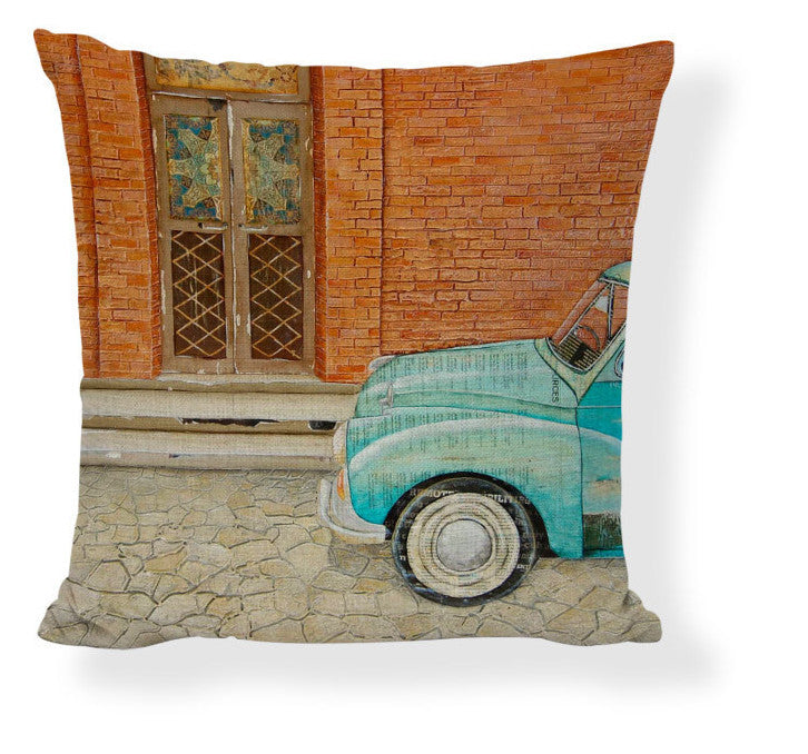 KTX-728275 Mediterranean Style Cartoon Car Oil Painting Ship Pillowcase Cover 45x45cm