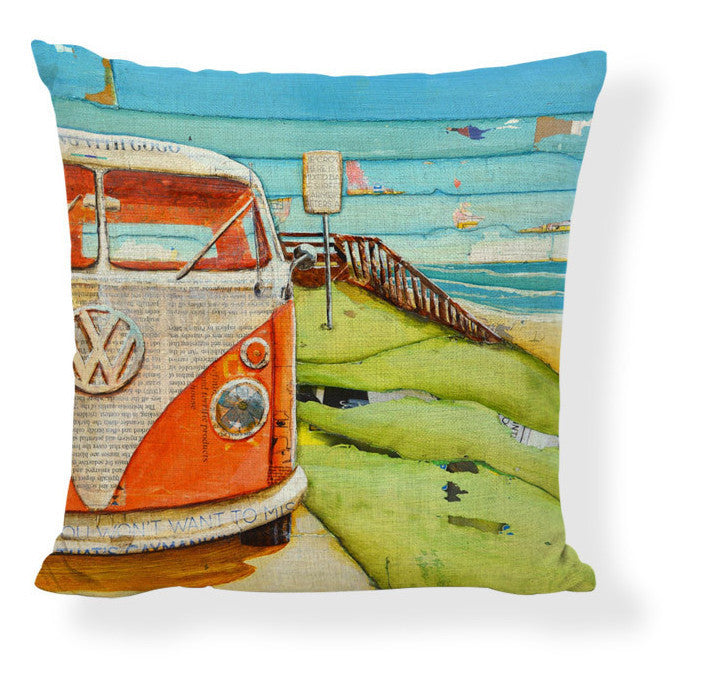 KTX-728275 Mediterranean Style Cartoon Car Oil Painting Ship Pillowcase Cover 45x45cm