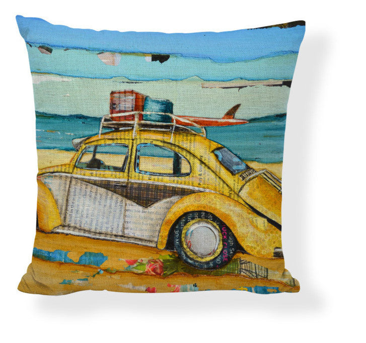 KTX-728275 Mediterranean Style Cartoon Car Oil Painting Ship Pillowcase Cover 45x45cm