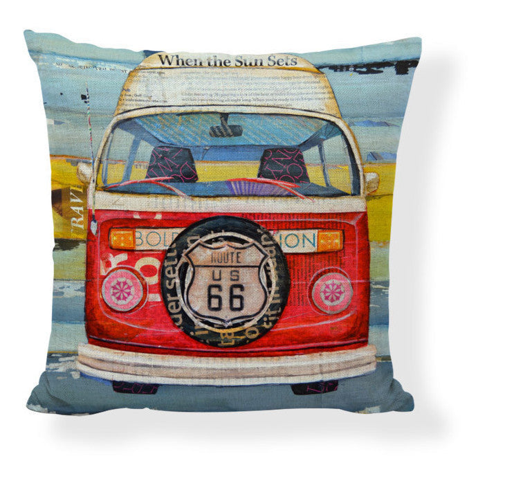 KTX-728275 Mediterranean Style Cartoon Car Oil Painting Ship Pillowcase Cover 45x45cm
