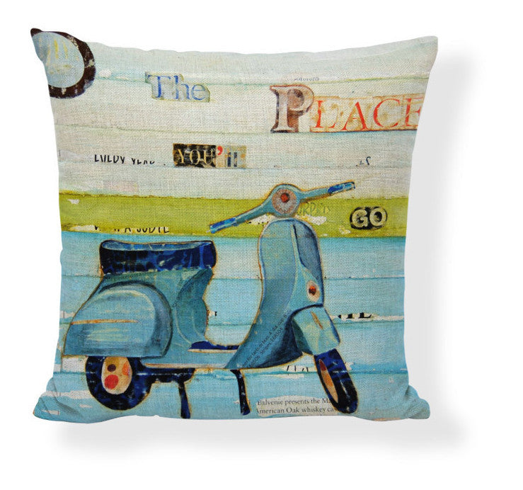 KTX-728275 Mediterranean Style Cartoon Car Oil Painting Ship Pillowcase Cover 45x45cm