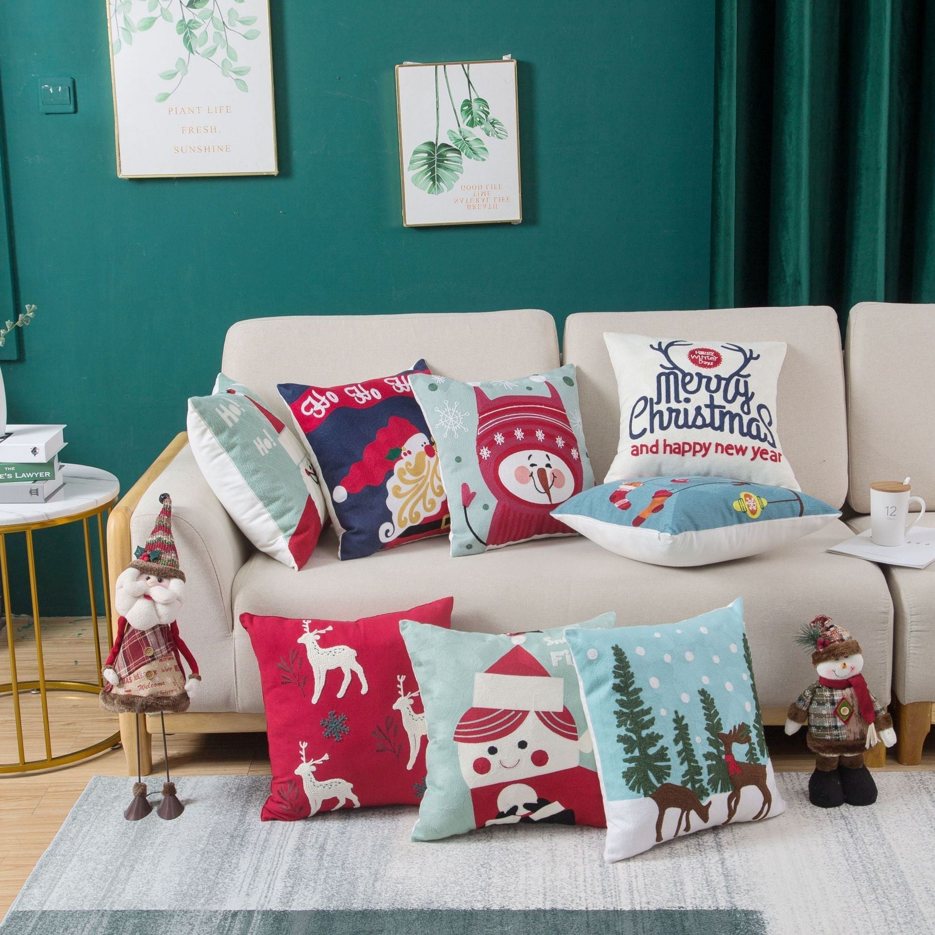 KTX-729555 Christmas Embroidery Pillow Case - 45x45cm Cotton Covers in Mixed Color Designs