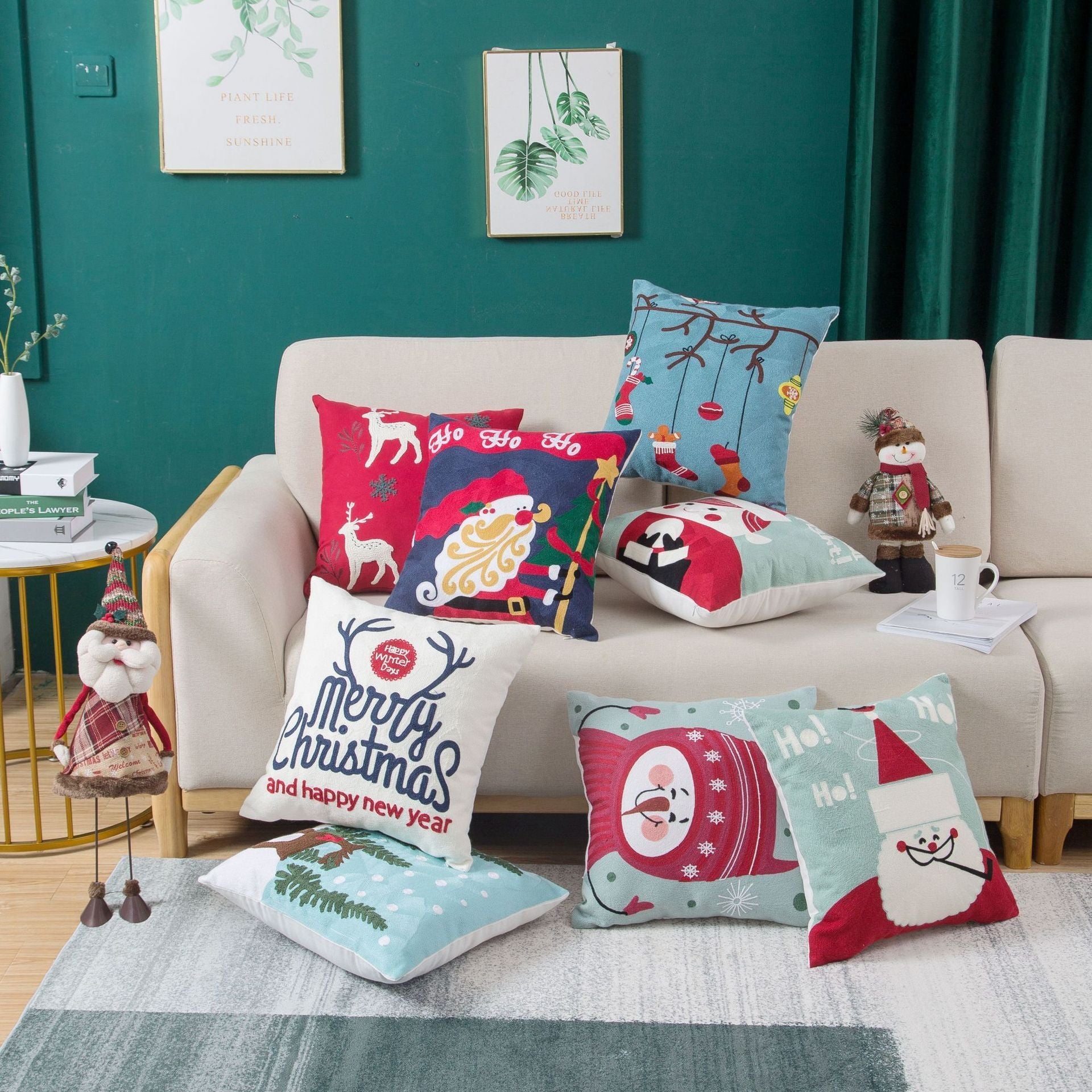 KTX-729555 Christmas Embroidery Pillow Case - 45x45cm Cotton Covers in Mixed Color Designs