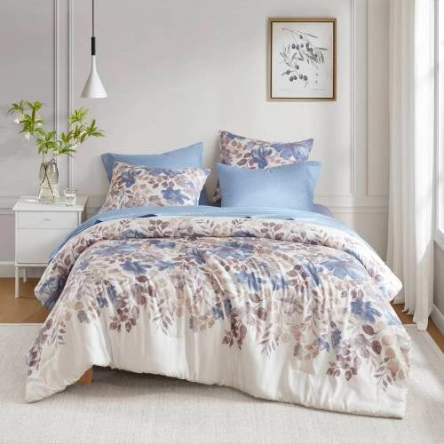 KTX-730067 Floral Comforter Set with Bed Sheets in Blue - Queen Size, Soft Microfiber and Hypoallergenic Filling