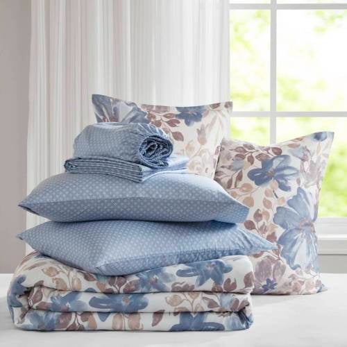 KTX-730067 Floral Comforter Set with Bed Sheets in Blue - Queen Size, Soft Microfiber and Hypoallergenic Filling