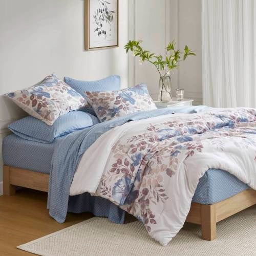 KTX-730067 Floral Comforter Set with Bed Sheets in Blue - Queen Size, Soft Microfiber and Hypoallergenic Filling
