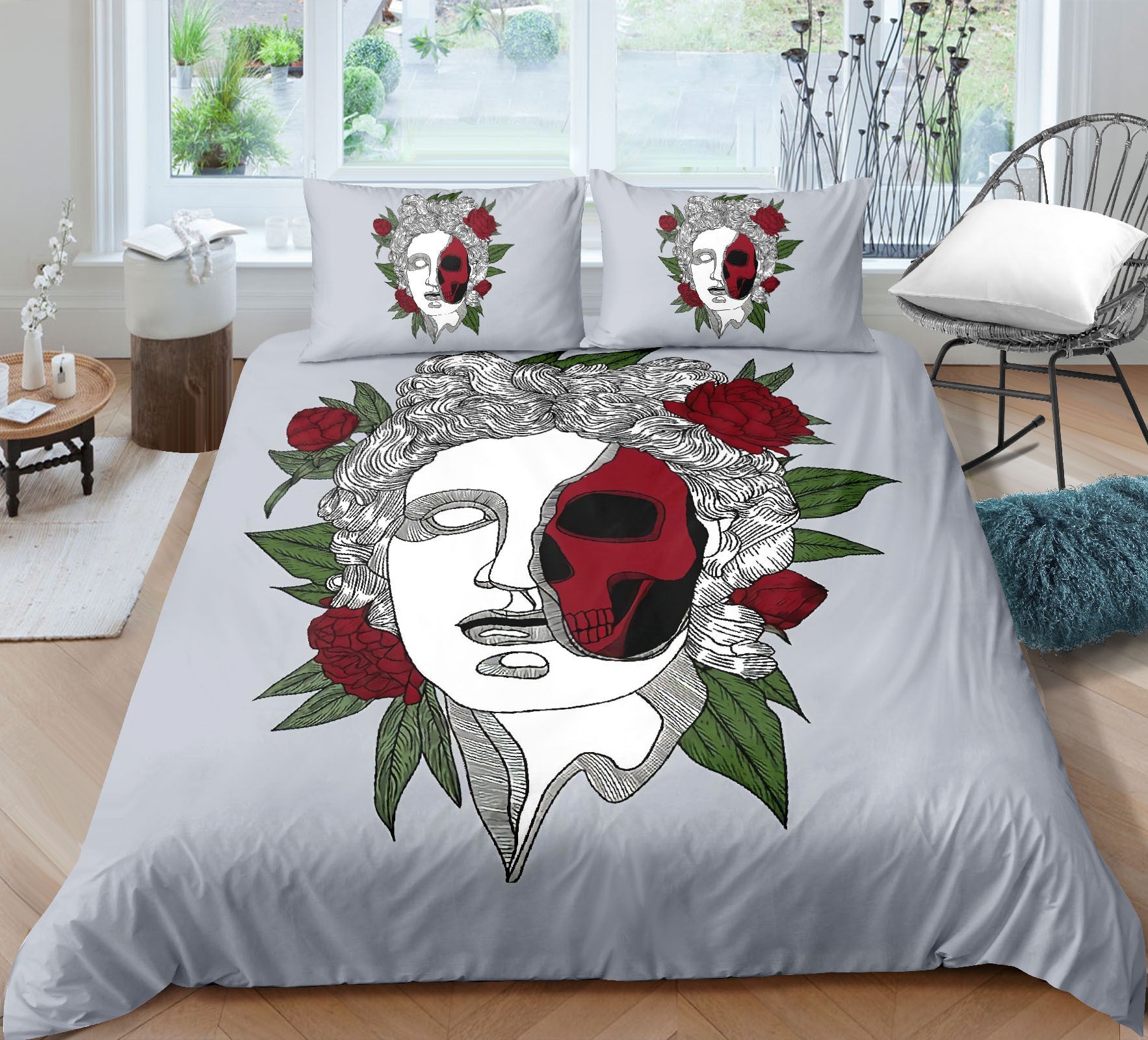 KTX-732051 Skull-Themed 3D Digital Print Bedding Set - Quilt Cover & Pillowcases in Multiple Sizes