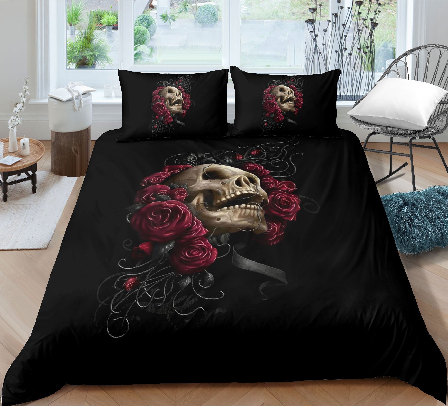 KTX-732051 Skull-Themed 3D Digital Print Bedding Set - Quilt Cover & Pillowcases in Multiple Sizes