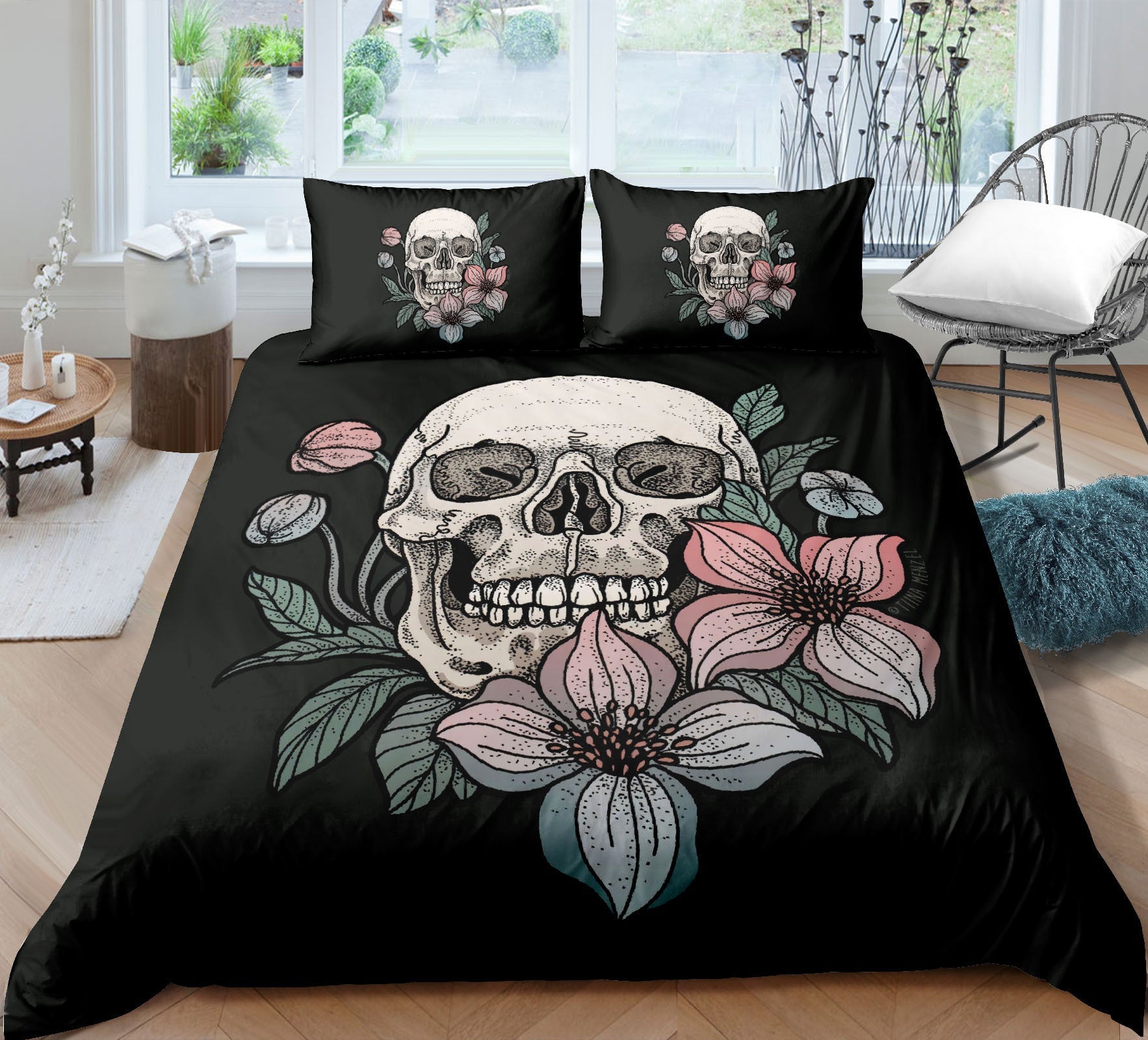 KTX-732051 Skull-Themed 3D Digital Print Bedding Set - Quilt Cover & Pillowcases in Multiple Sizes