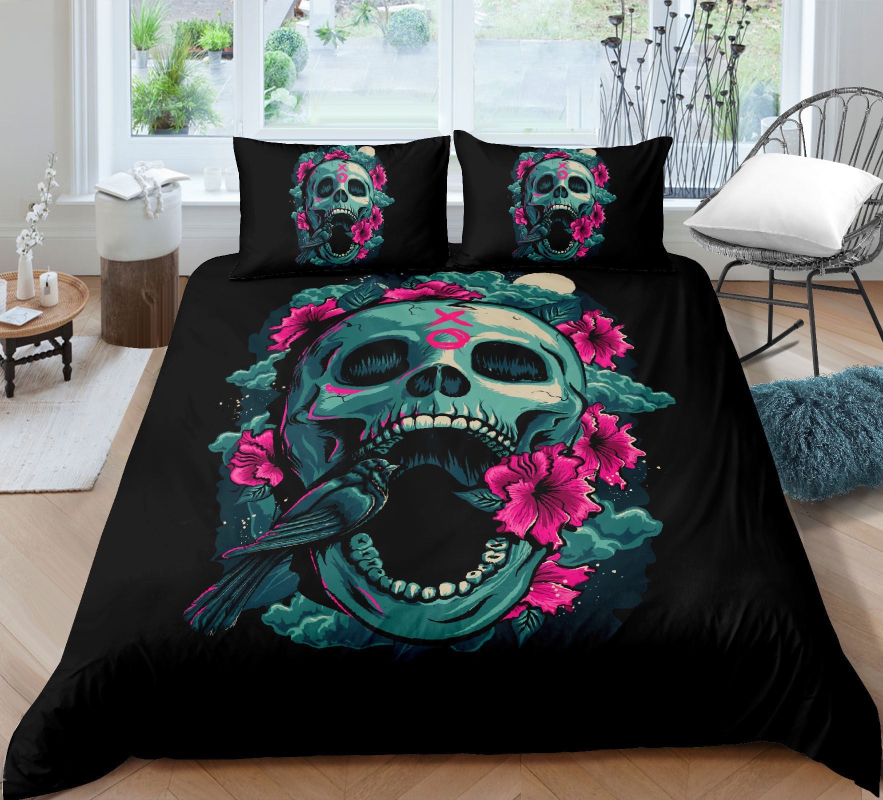 KTX-732051 Skull-Themed 3D Digital Print Bedding Set - Quilt Cover & Pillowcases in Multiple Sizes
