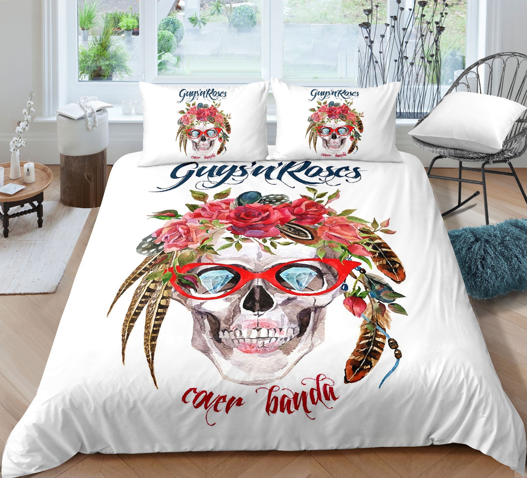 KTX-732051 Skull-Themed 3D Digital Print Bedding Set - Quilt Cover & Pillowcases in Multiple Sizes