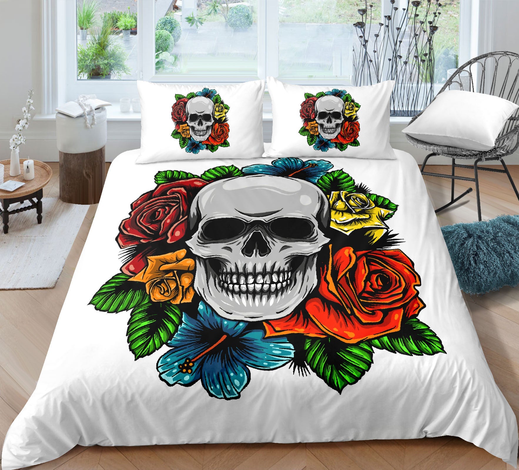 KTX-732051 Skull-Themed 3D Digital Print Bedding Set - Quilt Cover & Pillowcases in Multiple Sizes
